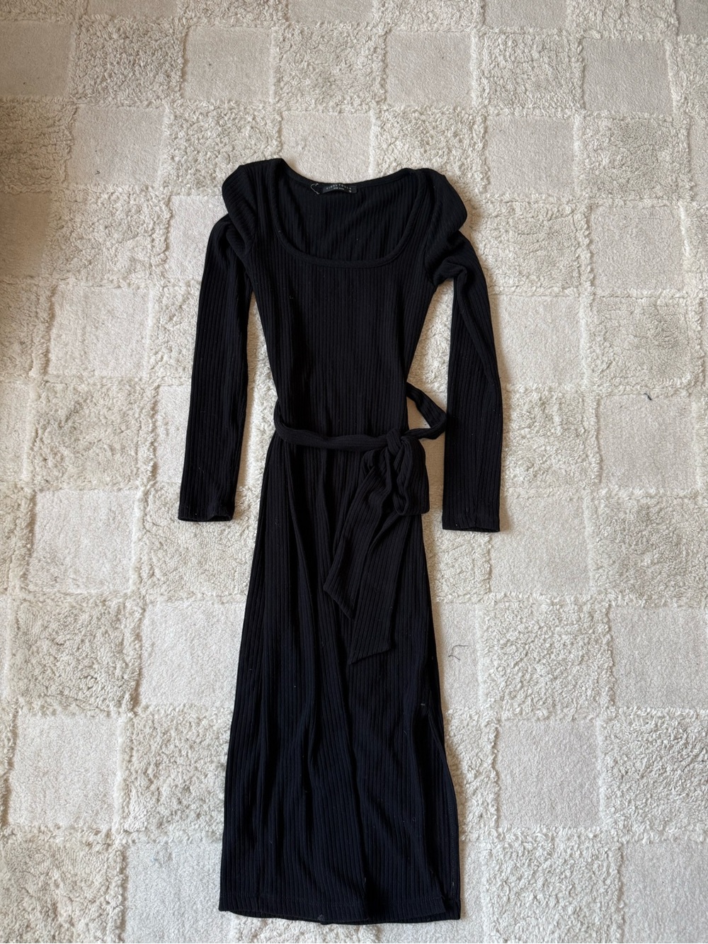 Final Touch Black Ribbed Long-Sleeve Belted Midi Dress